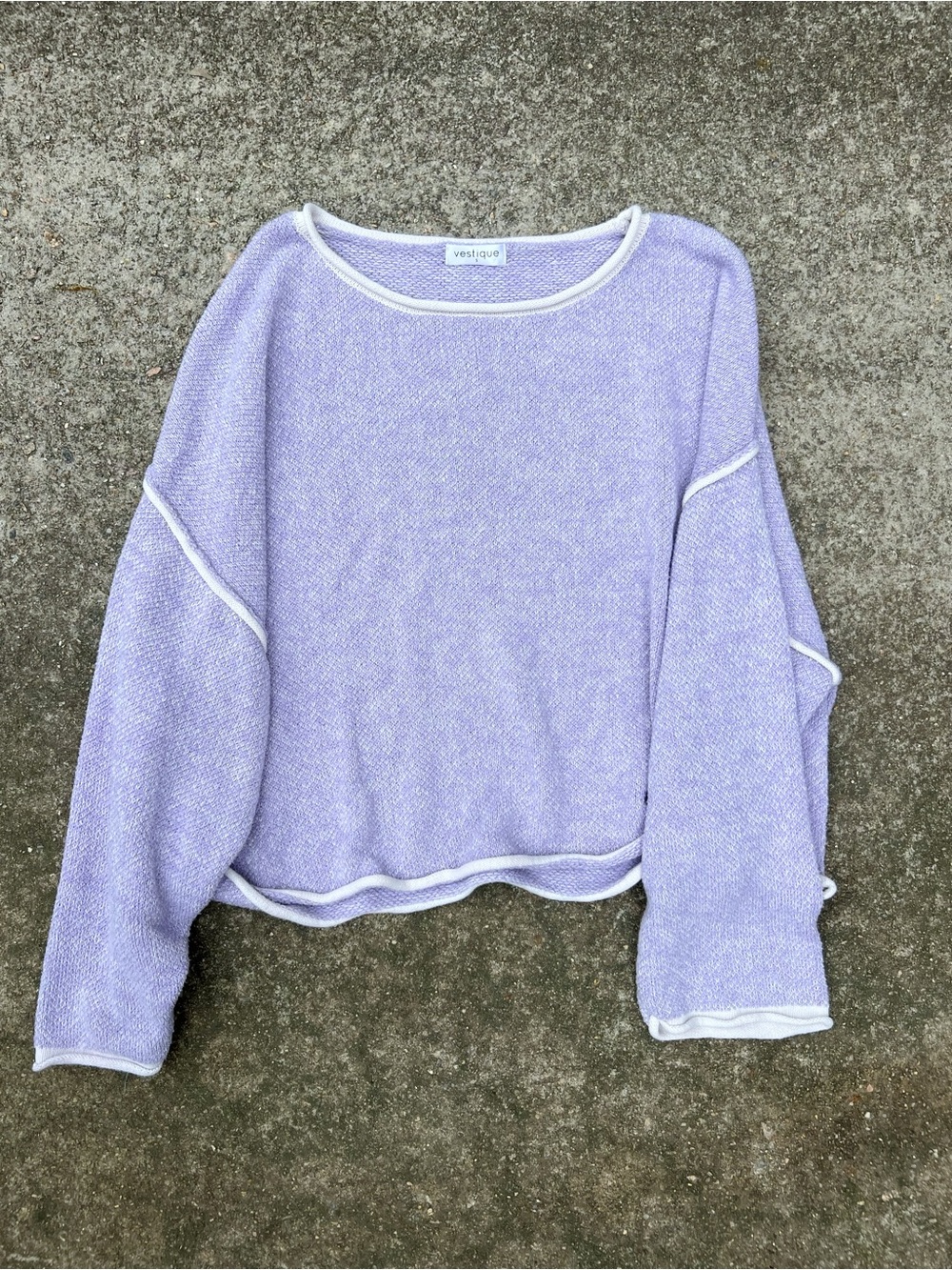 Vestique Lavender Oversized Knit Sweater White Contrast Piping Crewneck Small